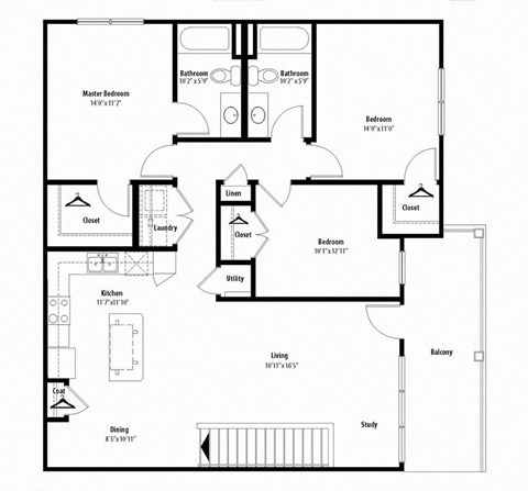 Floor plan for 3 beds, 2 baths, 1430 sqft